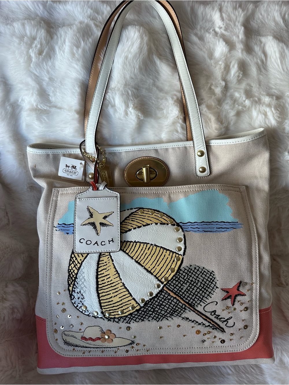 Coach Women's Beige & Coral Canvas Beach Tote with White Leather Trim
